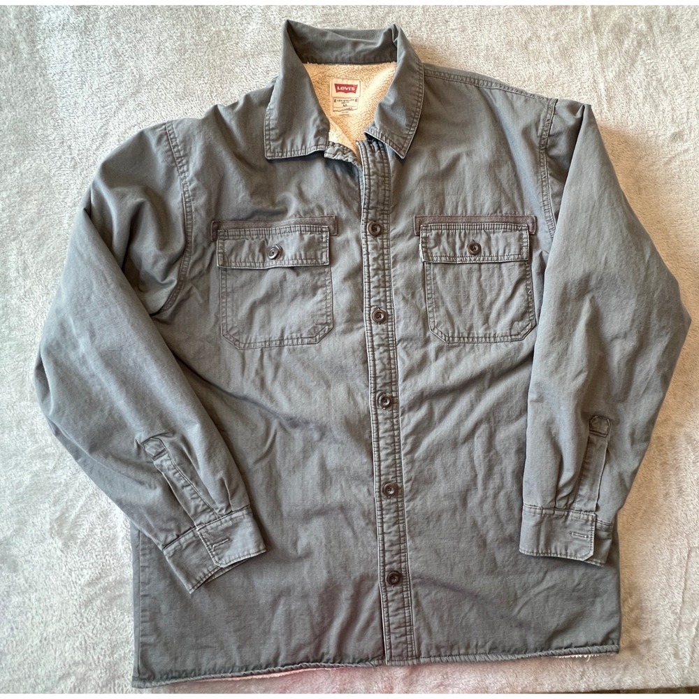 Levi's Shirt Jacket Mens XL Gray Sherpa Lined Cotton Canvas Workwear Coat